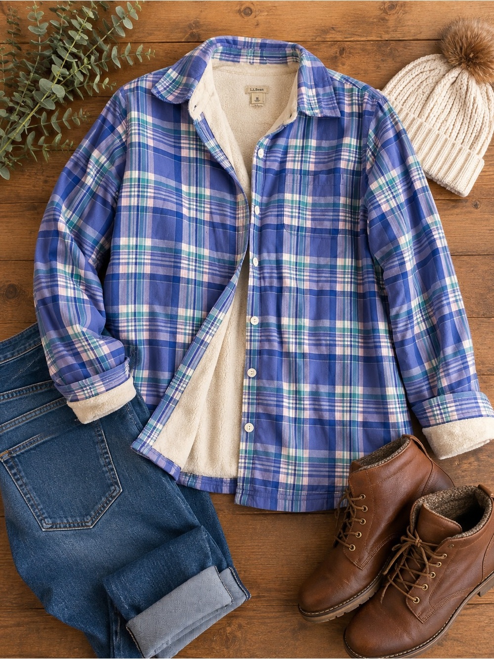 L.L. Bean Purple and White Plaid Sherpa-Lined Button-Down Shirt